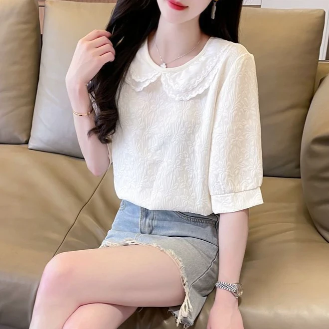 洋气娃娃领短袖衬衫女新款韩版拼接小众设计感圆领百搭甜美上衣潮