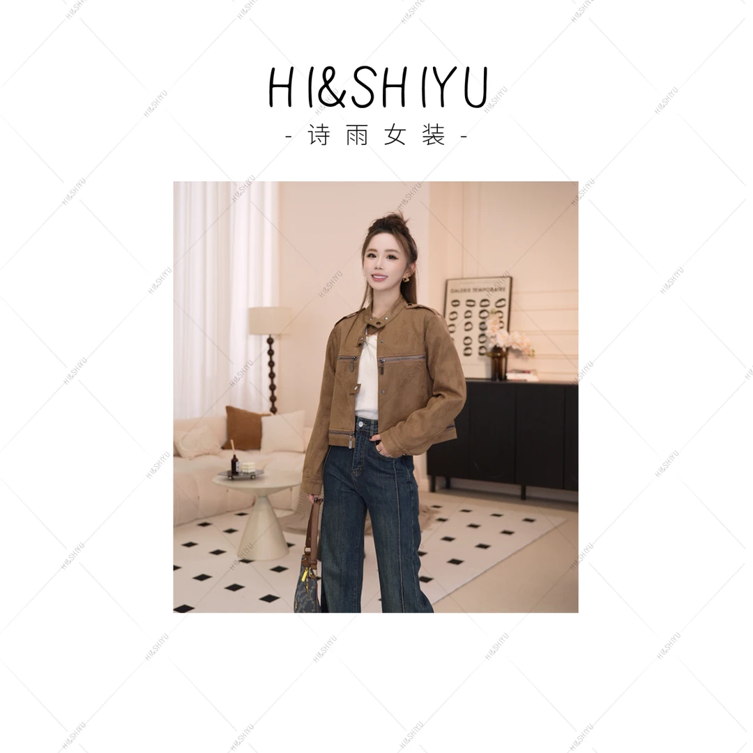 HISHIYU【吸引力】63138秋冬横拉链立领小众短外套高级感夹克皮衣
