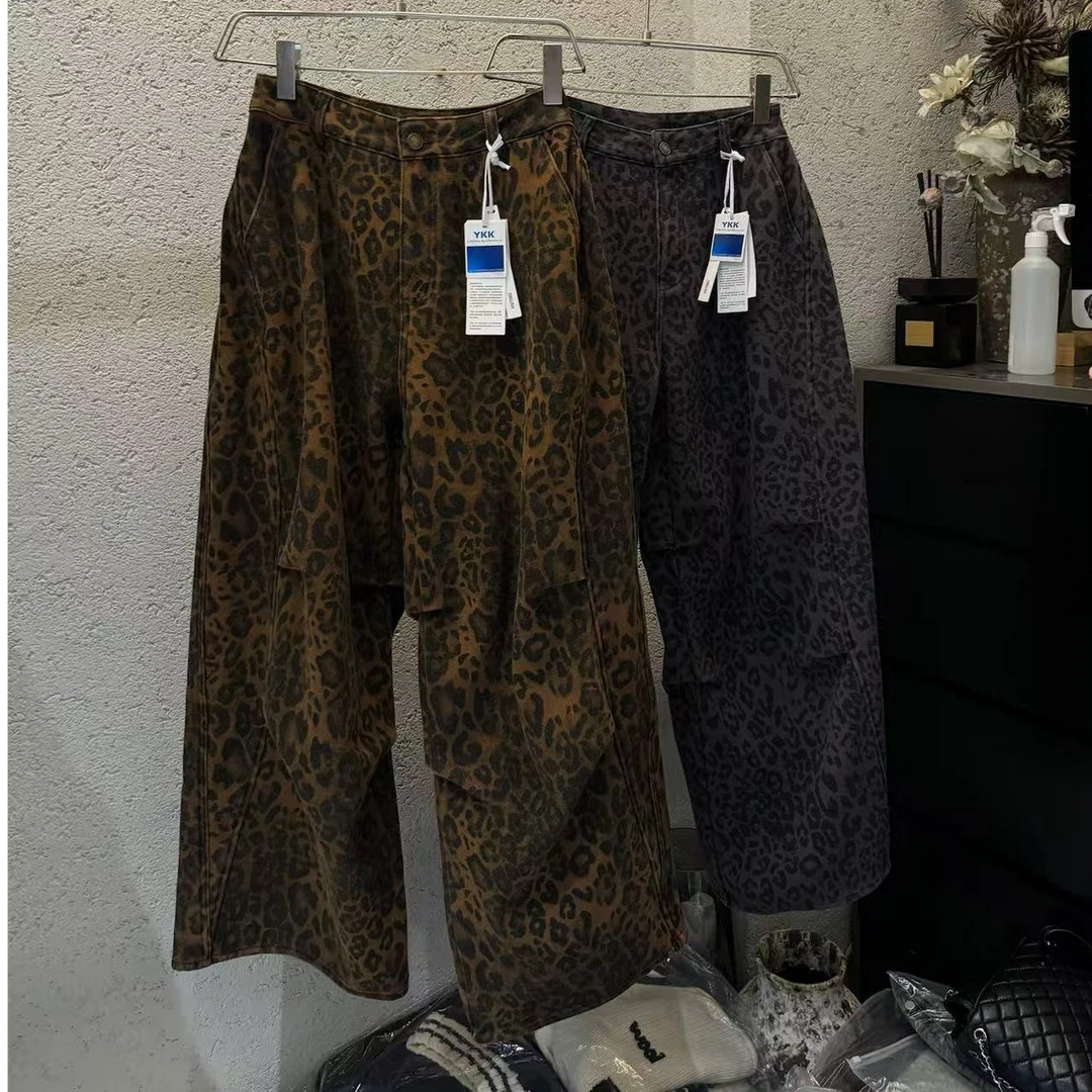 薄款微弹水洗高腰秋冬季豹纹加绒牛仔裤女