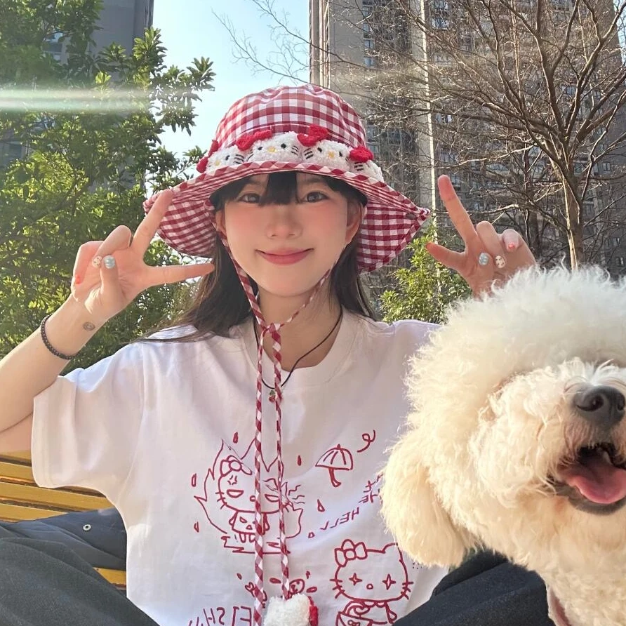 hellokitty帽子甜美格子渔夫帽女百搭大帽檐遮阳防晒帽防紫外线