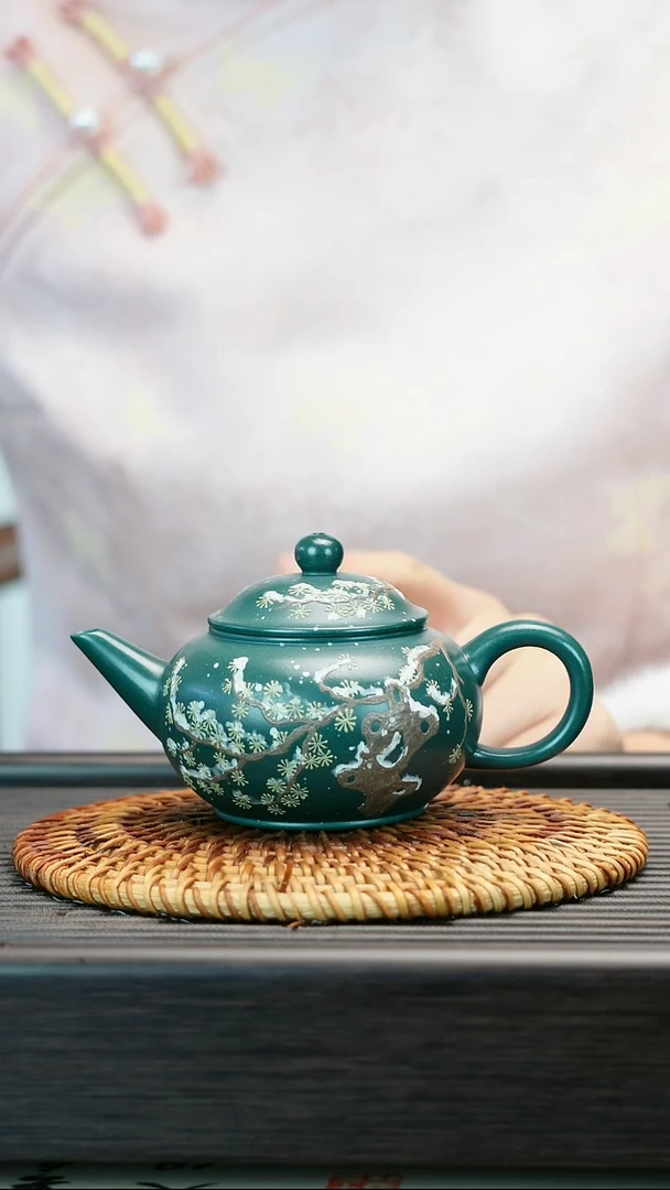 茶壶紫砂原矿绿泥  景舟雪花绿水平壶  180cc