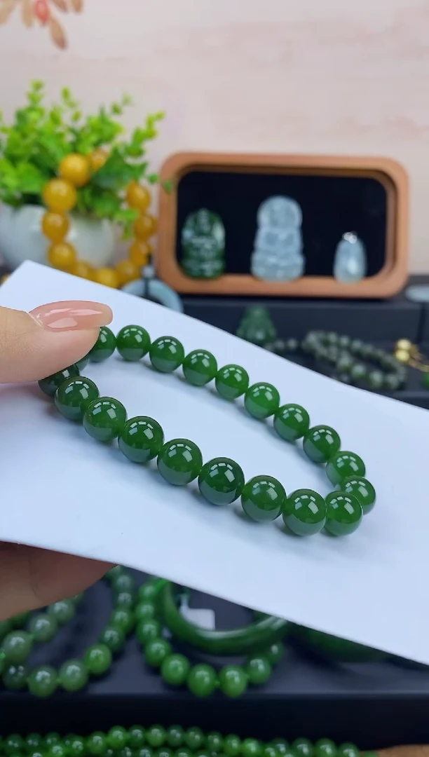 未镶嵌手串和田玉（碧玉）高阶菠菜绿手串