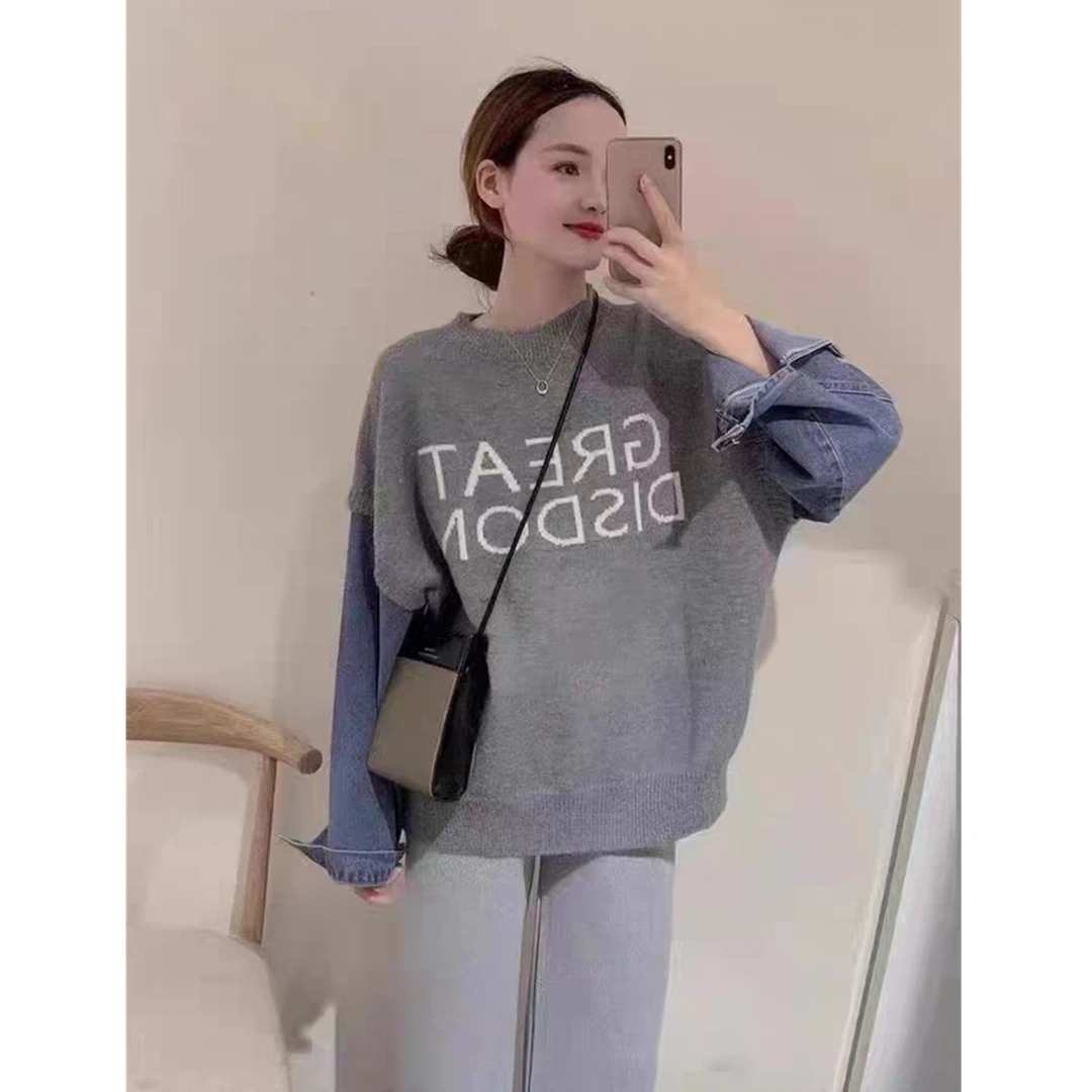 设计感假两件灰色毛衣女2025新款慵懒风牛仔袖拼接针织衫上衣春秋