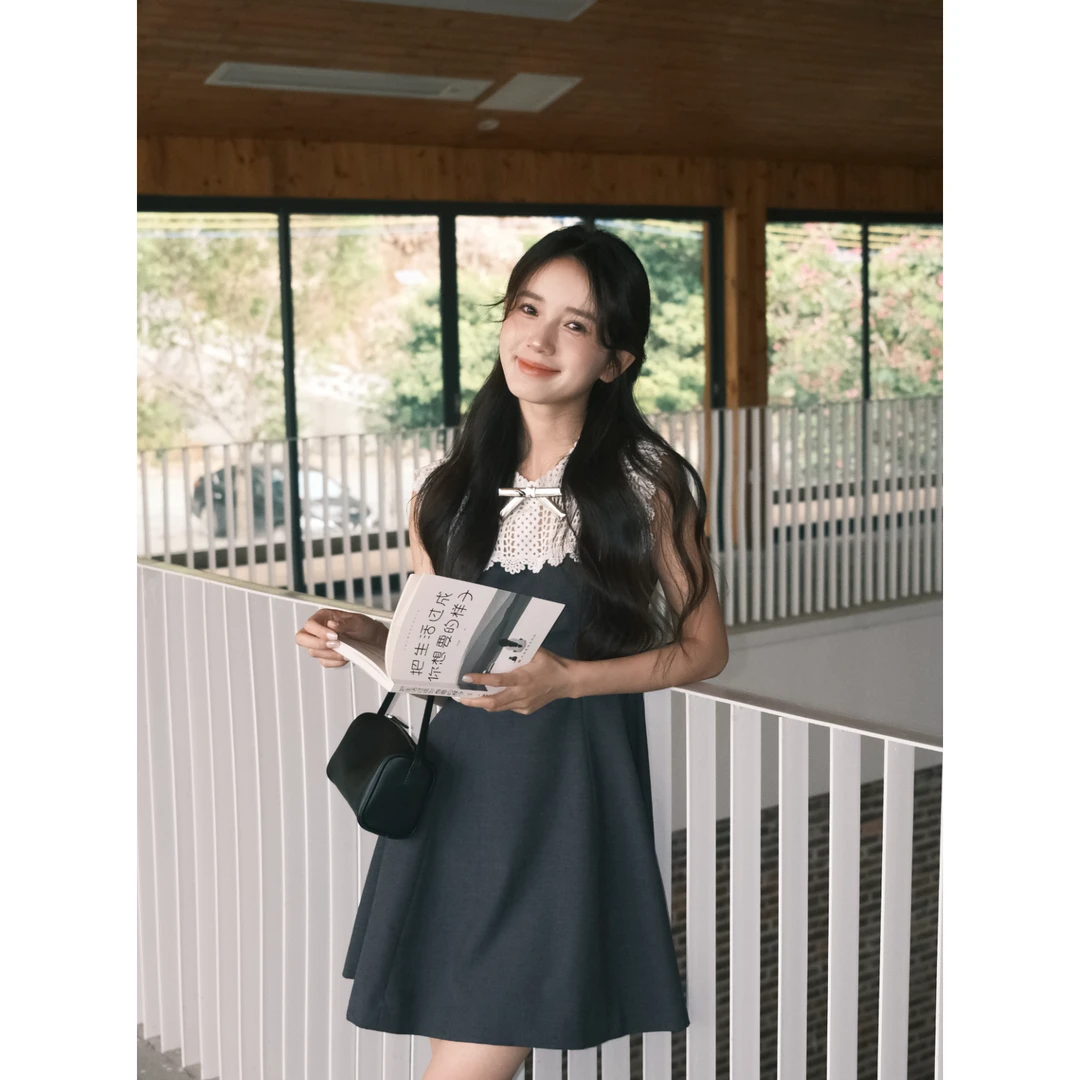 【祝绪丹】千金风金属装饰蕾丝拼接连衣裙2025年夏季新款淑女裙9966