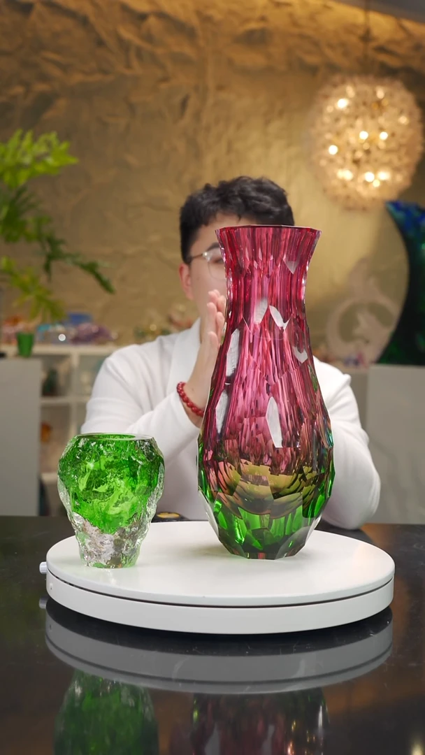 手工艺品琉璃张*芹双色金红绿凹切面美人瓶花器