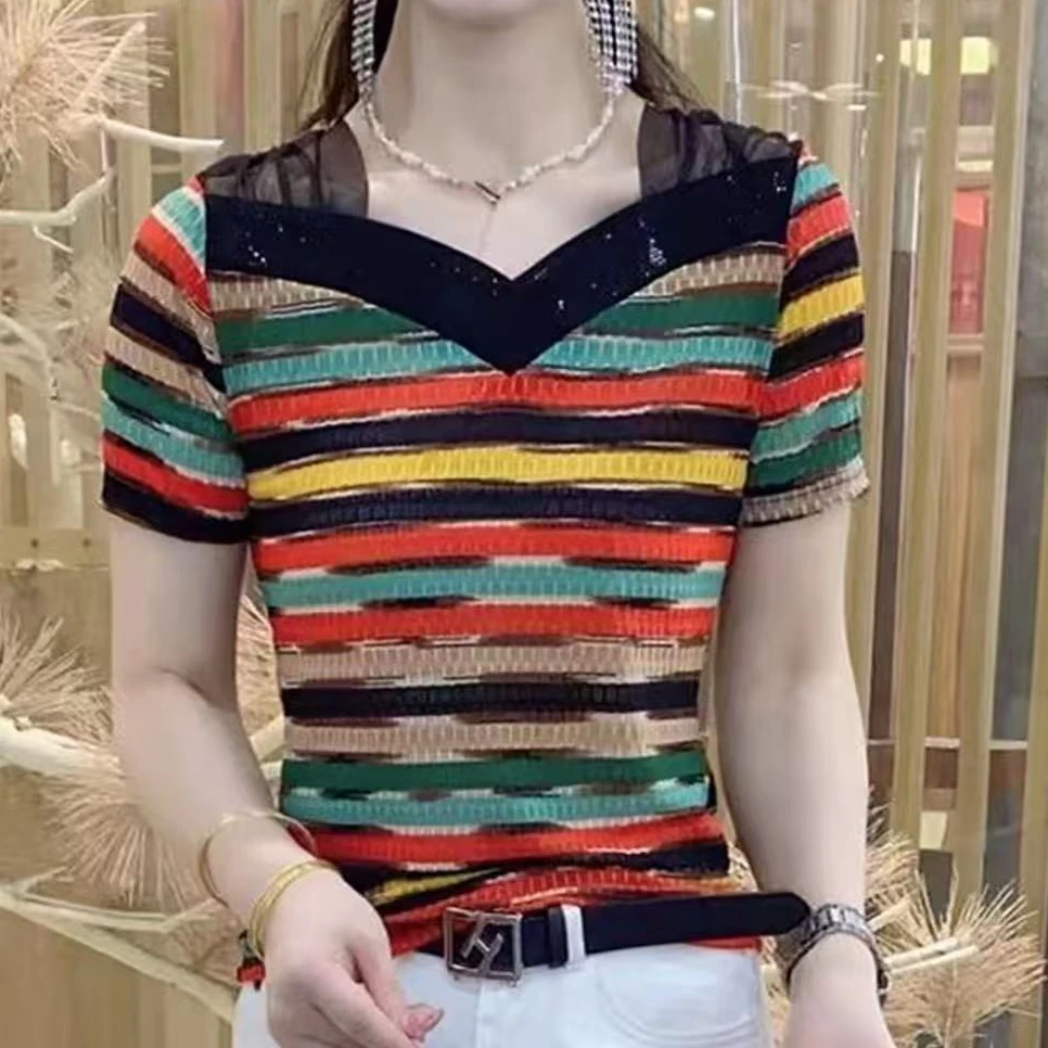 时尚女装彩色条纹洋气透气网纱短袖1331