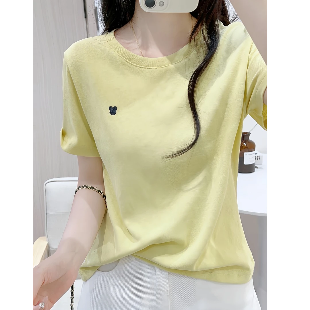 欧货雪花棉简约透气夏季薄款宽松圆领短袖刺绣T恤衫百搭显瘦上衣