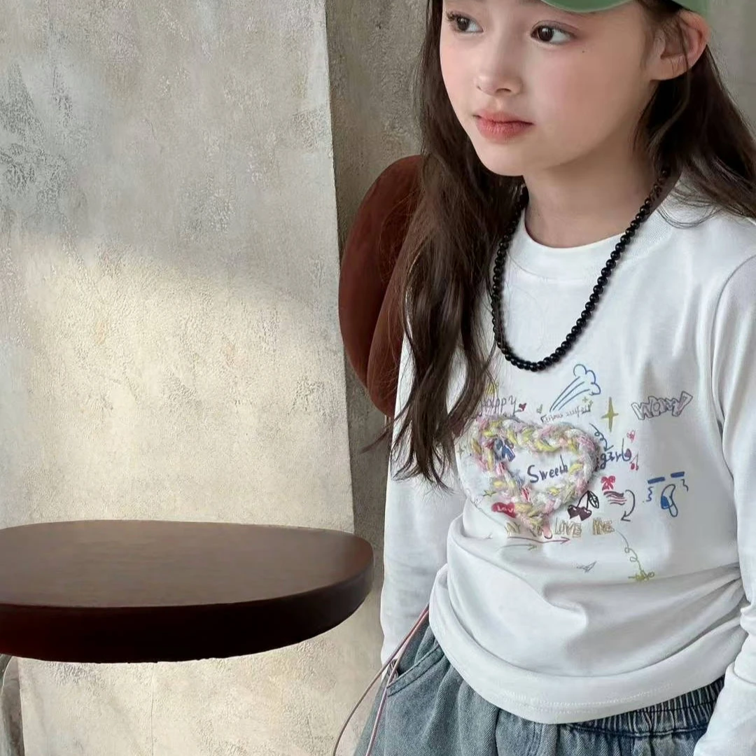 熙爱春秋季韩版新款女童圆领春装字母印花百搭拼接长袖T恤25855