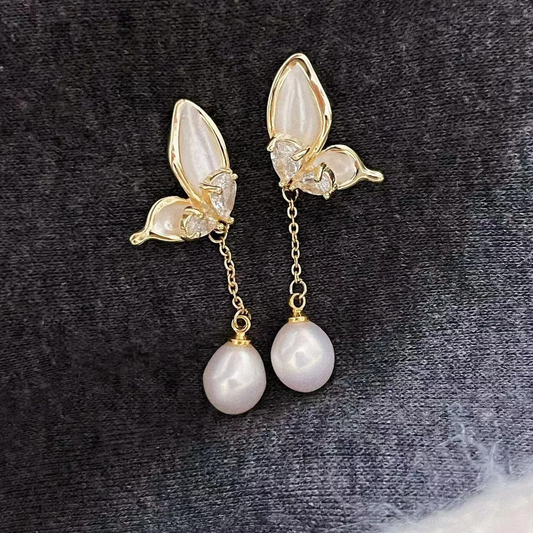 仙气满满的银白蝴蝶耳钉 流苏加珍珠 灵动飘逸