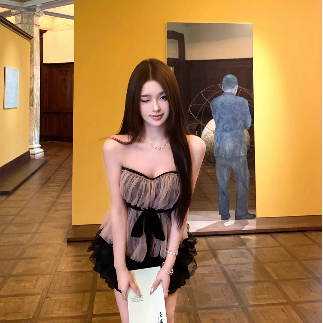 【蔷薇】粉色肌理褶皱腰封抹胸背心夏季带胸垫收腰上衣女配花边短裙