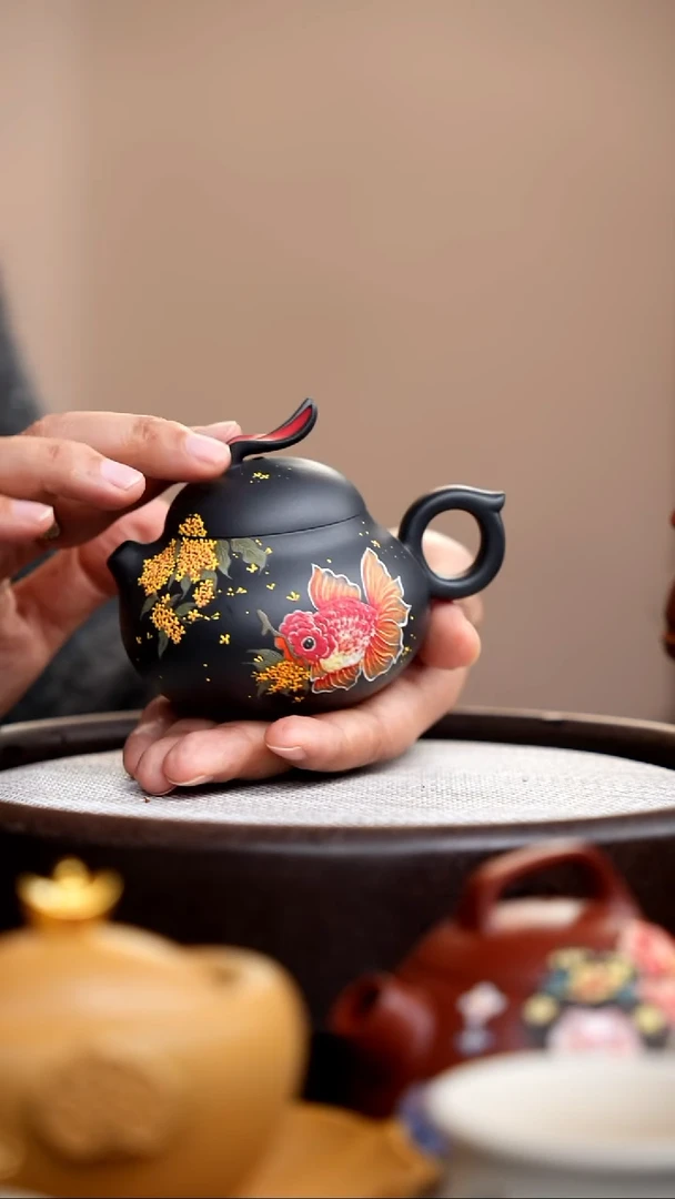 茶壶紫砂云雾天青兔子壶泥绘桂花鱼