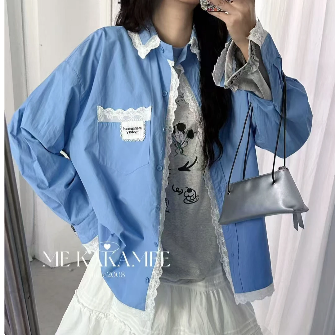 【钱呼呼】2025春季新款小众设计蕾丝花边拼接休闲韩系宽松衬衫女