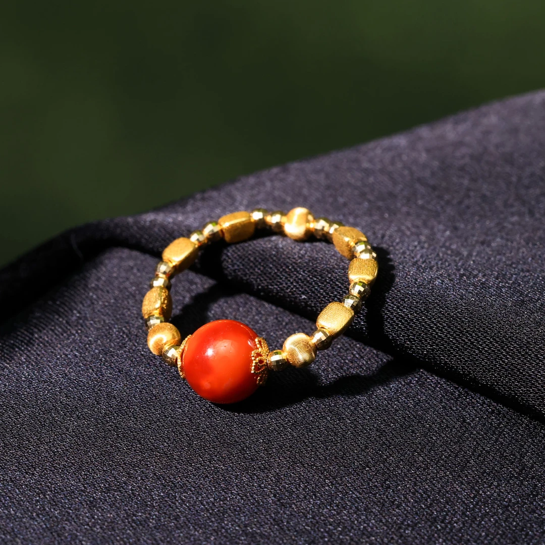 【意婵】《铮然》原矿18k金天然牛血红南红戒指-917379