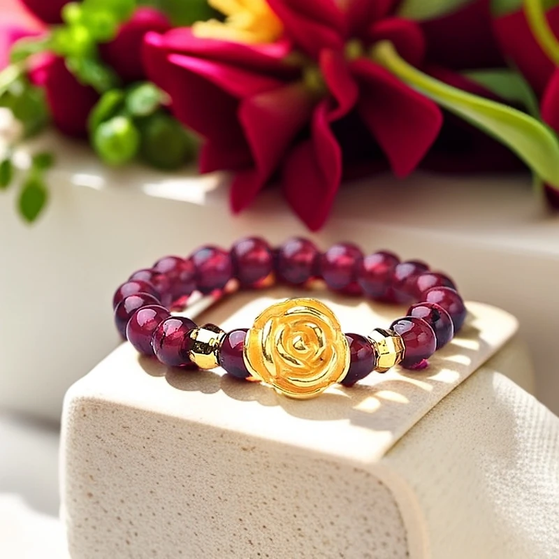 【黄金补贴】足金黄金玫瑰花石榴石搭配轻奢优雅戒指