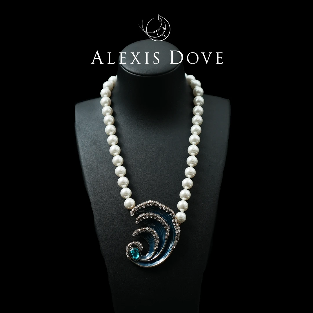 铜合金仿珍珠项链 复古重工乘风破浪蓝色项链【乐亿】