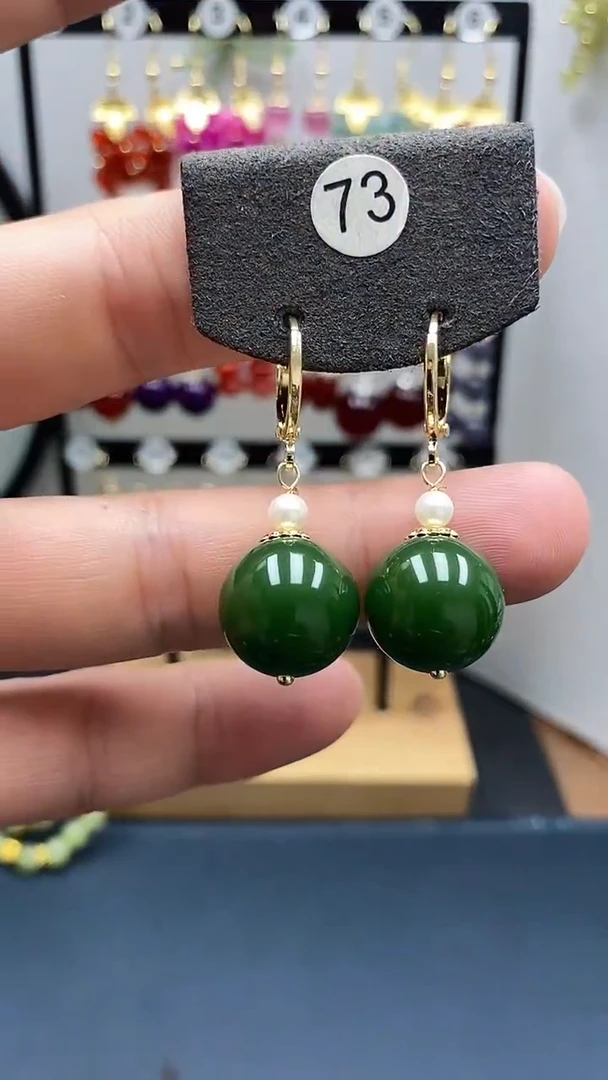 和田玉银S925镀金镶嵌耳饰尺寸14mm耳扣04