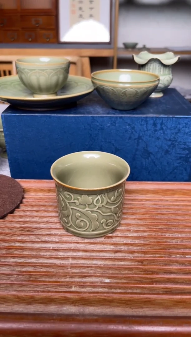瓷器耀州窑唐草纹大缸杯 微瑕