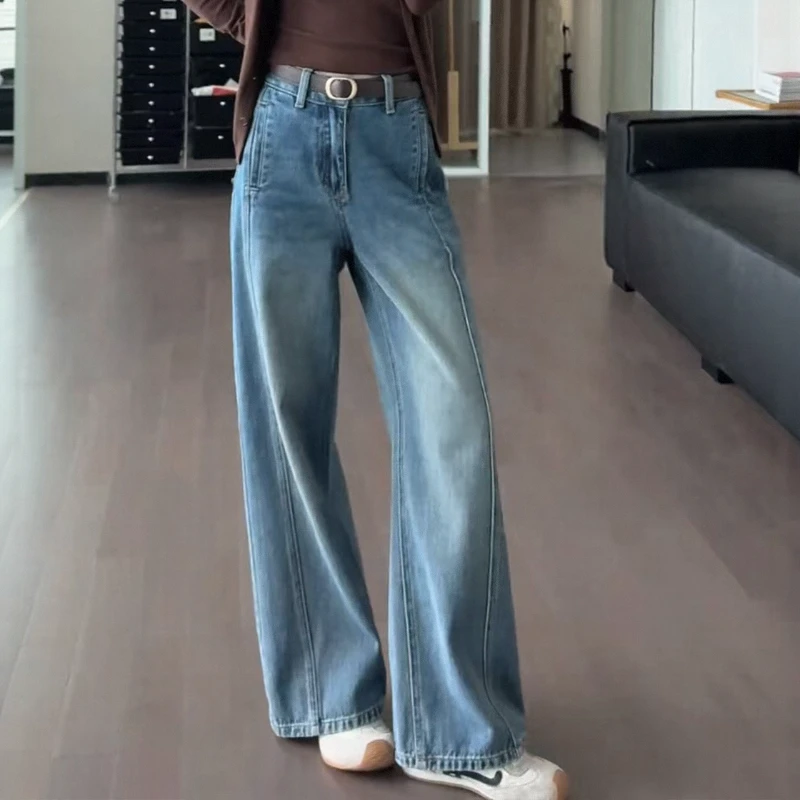 窄版阔腿牛仔裤女秋季新款大码梨形身材胖mm高腰显瘦百搭直筒裤