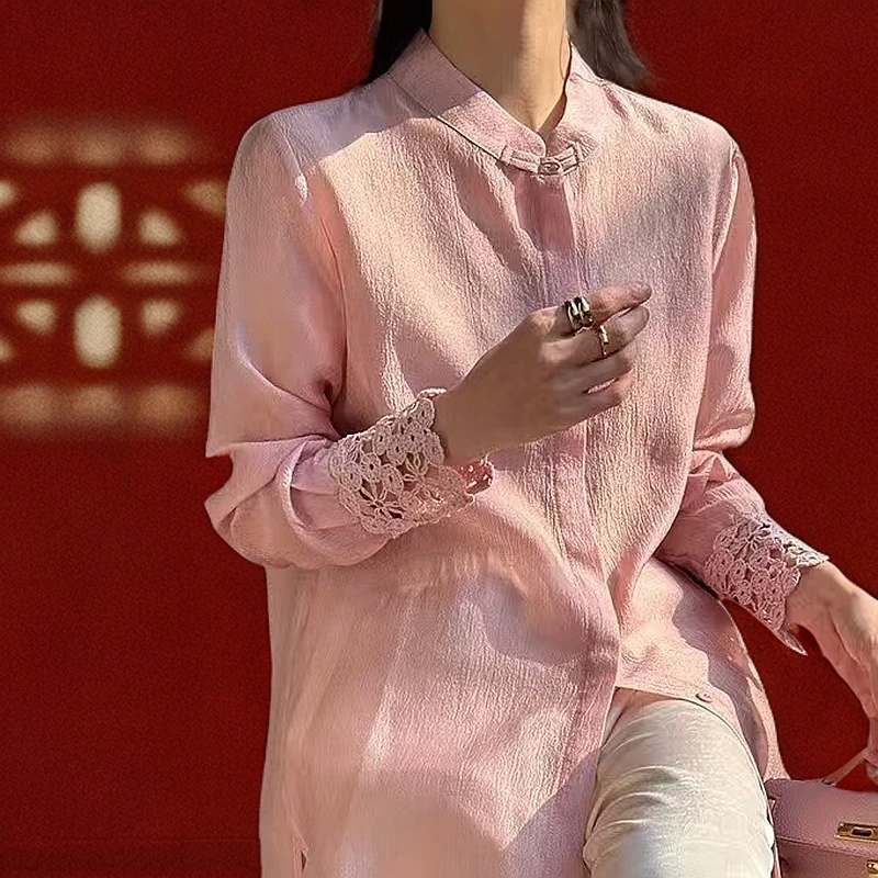 <<非遗美学>>C9170长袖新中式立领盘扣袖口拼接百搭气质叠穿衬衫