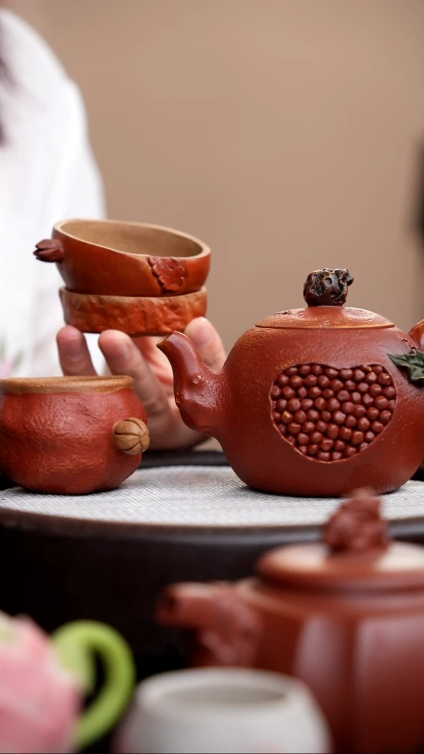 茶壶紫砂段泥石榴一粒珠+杯+茶漏