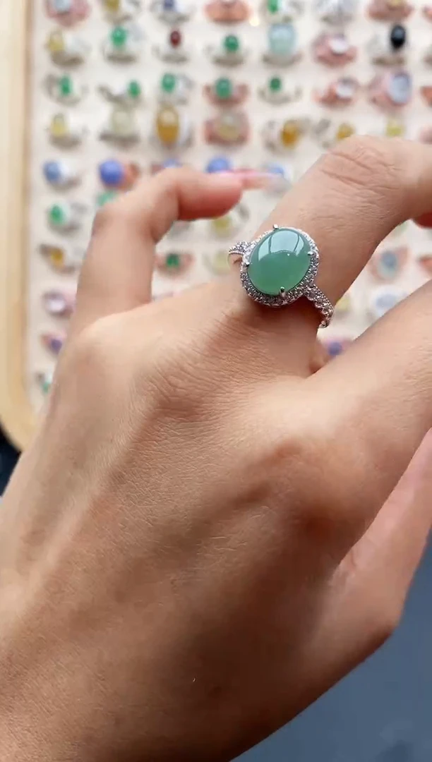 【闪购商品】翡翠戒指银S925镶嵌缅甸天然A货翡翠333 8+5