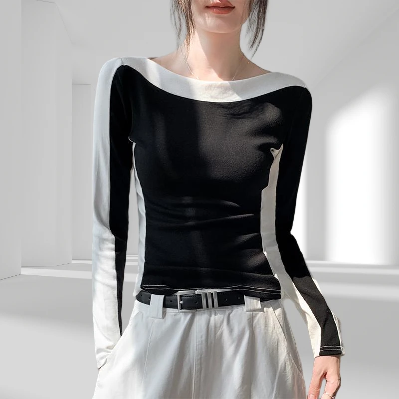 长袖T恤女2025秋冬新款韩系设计感显瘦一字领撞色上衣内搭打底衫