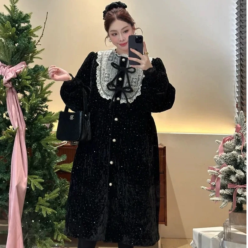 【暗夜星空】定制精致丝绒夹棉赫本风千金感蕾丝拼接长款棉服外套