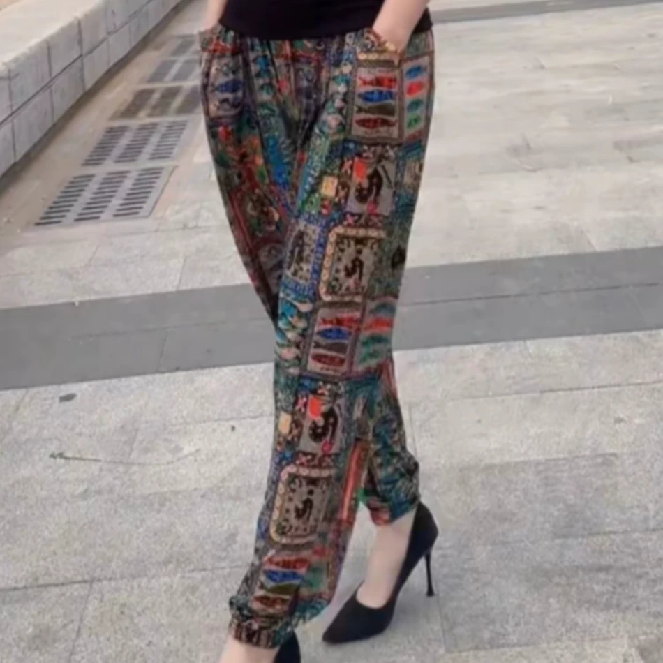 2025新款宽松夏款休闲裤女大码时尚减龄中老年妈妈中式印花九分裤