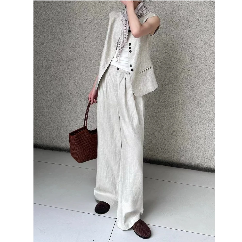 25夏丝巾圆领马甲背心+阔腿长裤时尚亚麻套装老钱职场二件套女装