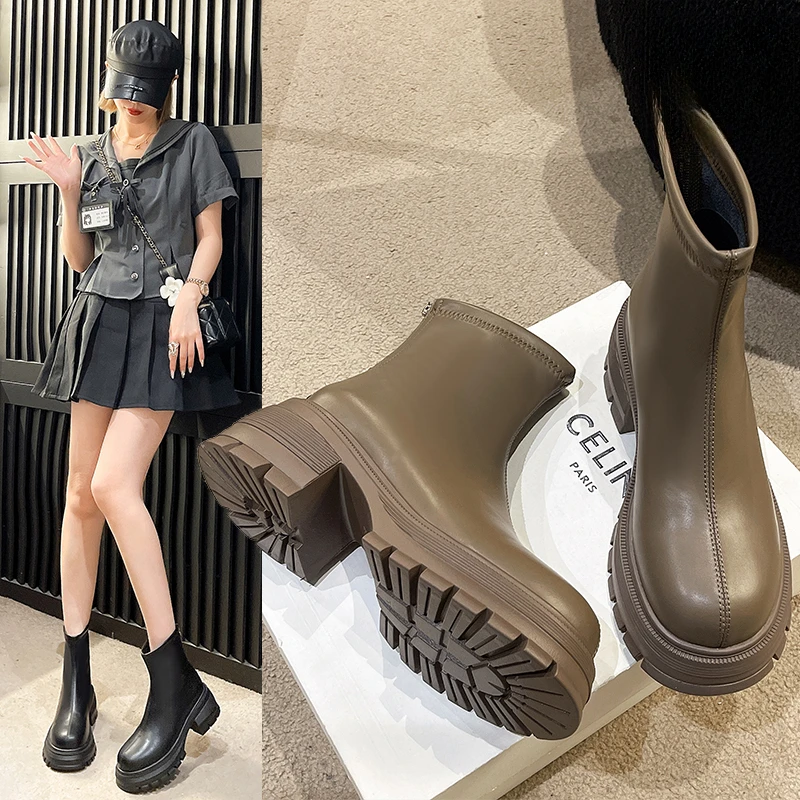 梅蔓琳时尚厚底马丁靴女秋冬新款短靴加绒显瘦中筒时装靴粗跟靴子