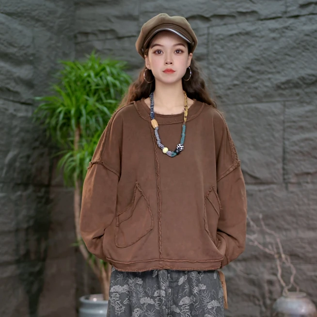 【圆领长袖卫衣打底衫】大码女装2025新款做旧百搭卫衣宽松
