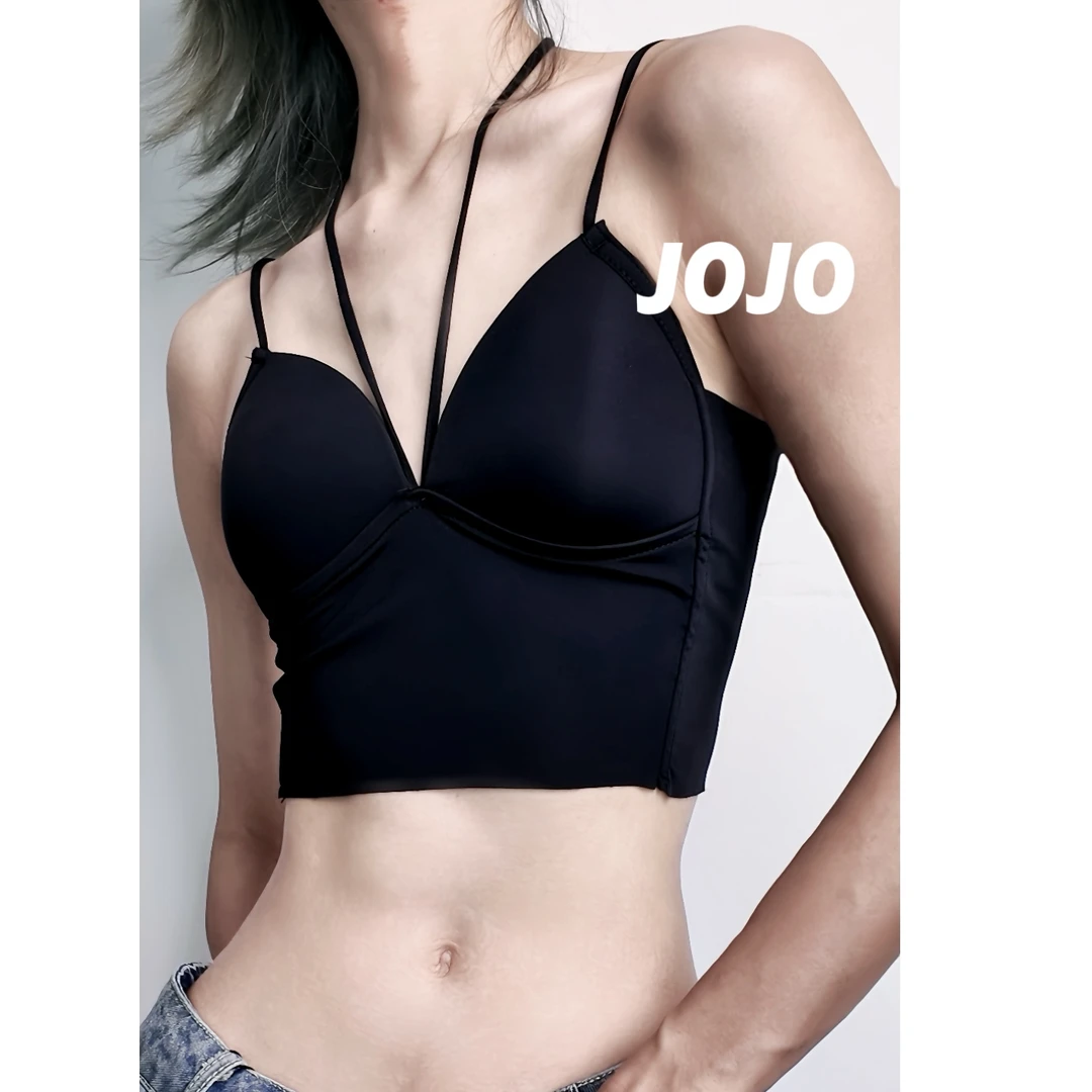 美式黑色带胸垫美背挂脖吊带背心女夏季内搭打底性感辣妹上衣外穿