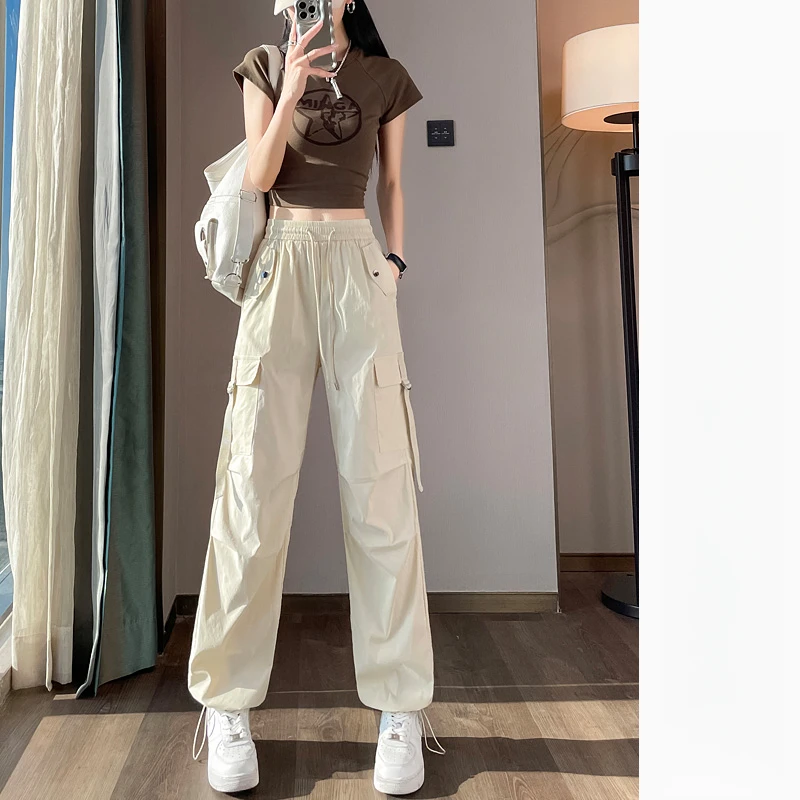 小个子直筒杏白色高腰工装裤女春夏季2025新款降落伞运动休闲裤子