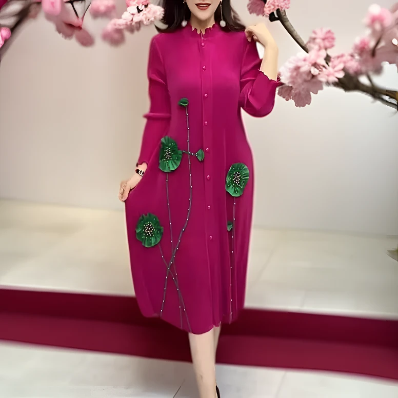 三宅褶皱开衫连衣裙春季新款宽松显瘦中长款风衣大码长袖洋气时尚