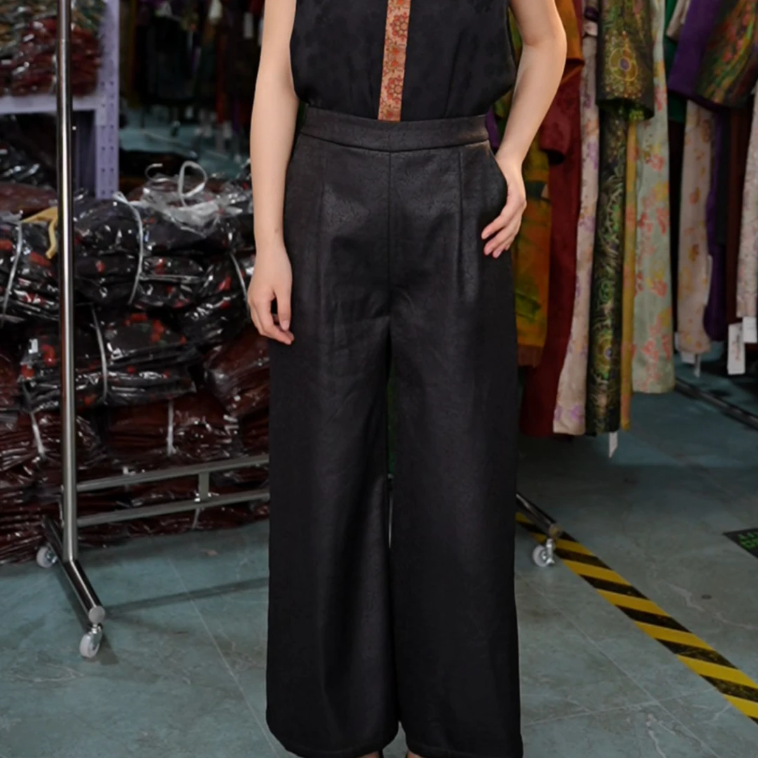 【斐韵】龟裂纹阔腿裤女春秋冬九分休闲妈妈新款直筒真丝裤子6816