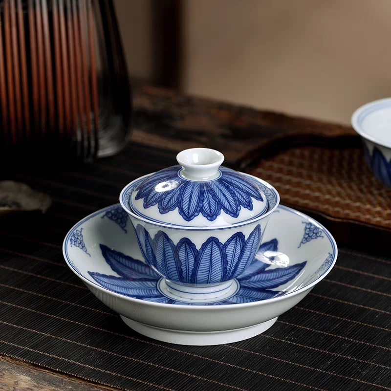 景德镇手工手作釉下彩青花瓷芭蕉叶高端茶具壶承茶盘（15厘米）