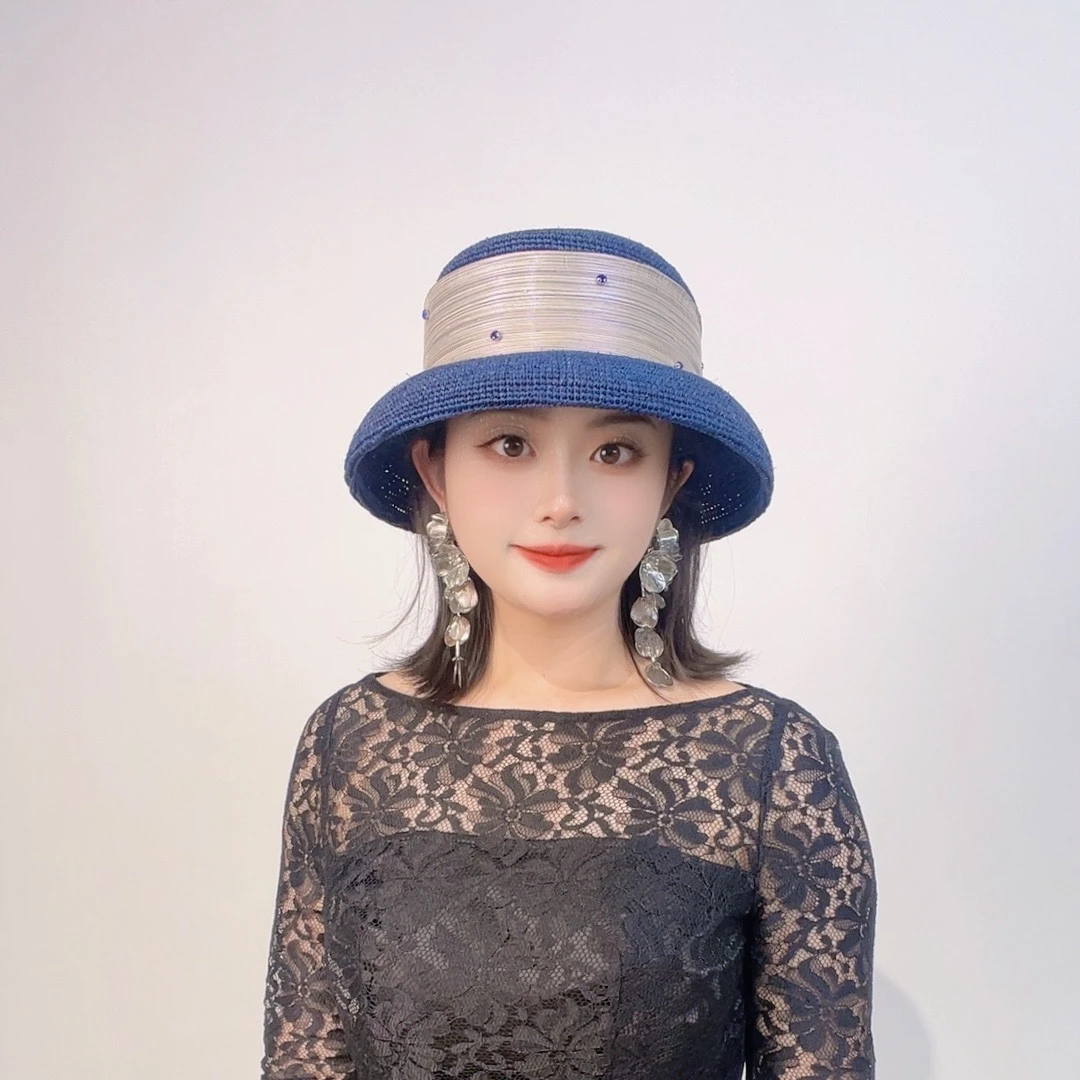KELAODIKAIDA/夏季尚新款草编天丝麻钻花赫本女士编织礼帽