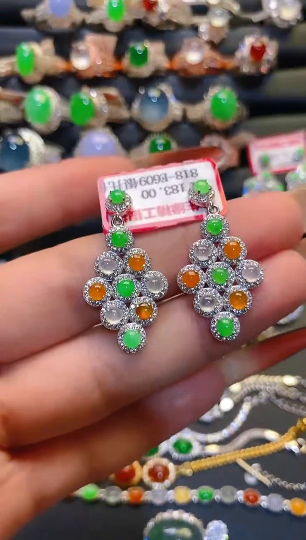 银S925镶嵌翡翠耳饰天然