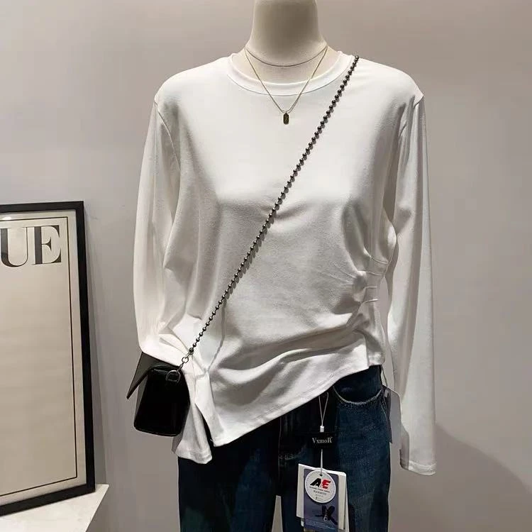 633 女士不规则褶皱加肥加大长袖T恤打底衫 F80