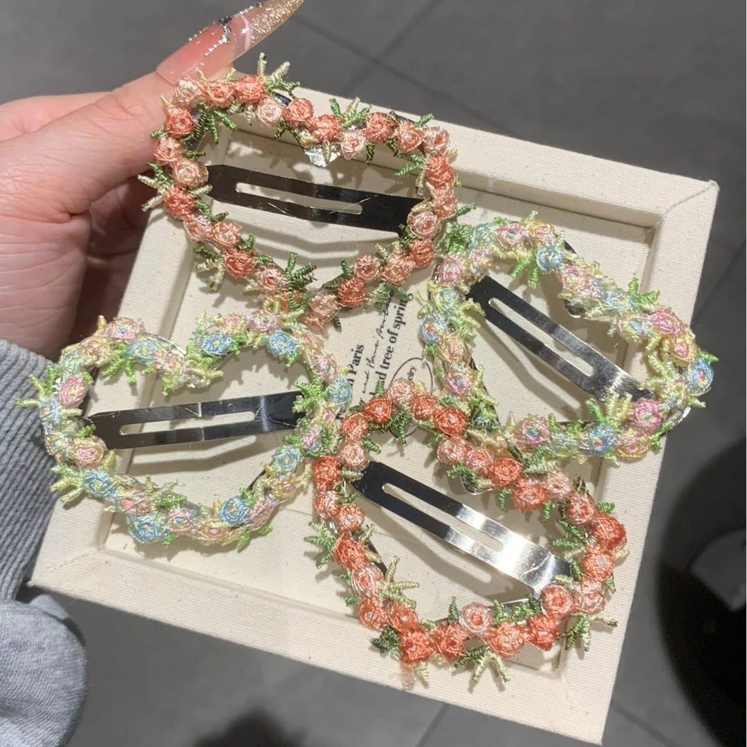 春夏氛围感爱心发夹边夹侧边粉色刺绣花朵水滴bb夹刘海夹抓夹发饰