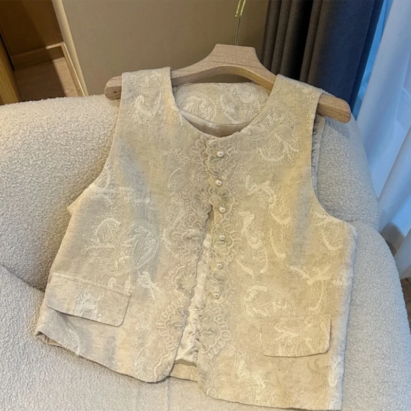2025夏季新款蕾丝拼接新中式珍珠坎肩轻奢刺绣国风马甲女 38661