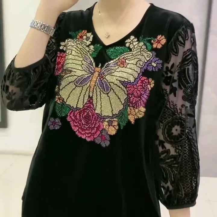 烫钻金丝绒烧花上衣打底衫女新款时尚大码妈妈装上衣高档气质显瘦