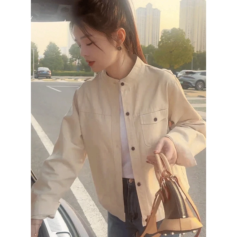 【小沫家】小个子圆领短外套女2025春秋季新款百搭简约工装夹克上衣