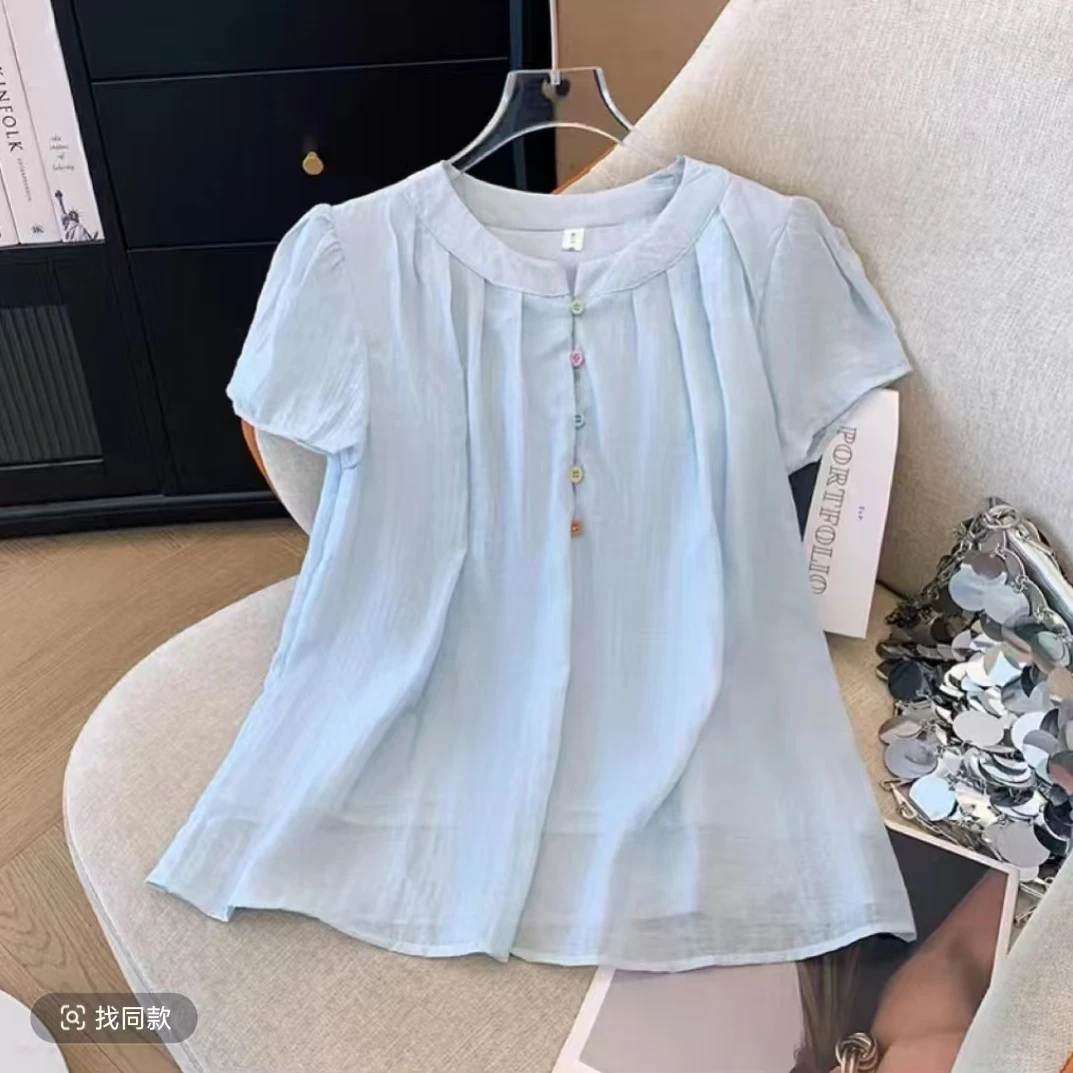 法式夏季新款甜美小清新圆领上衣娃娃衫宽松显瘦气质纯色短袖衬衫