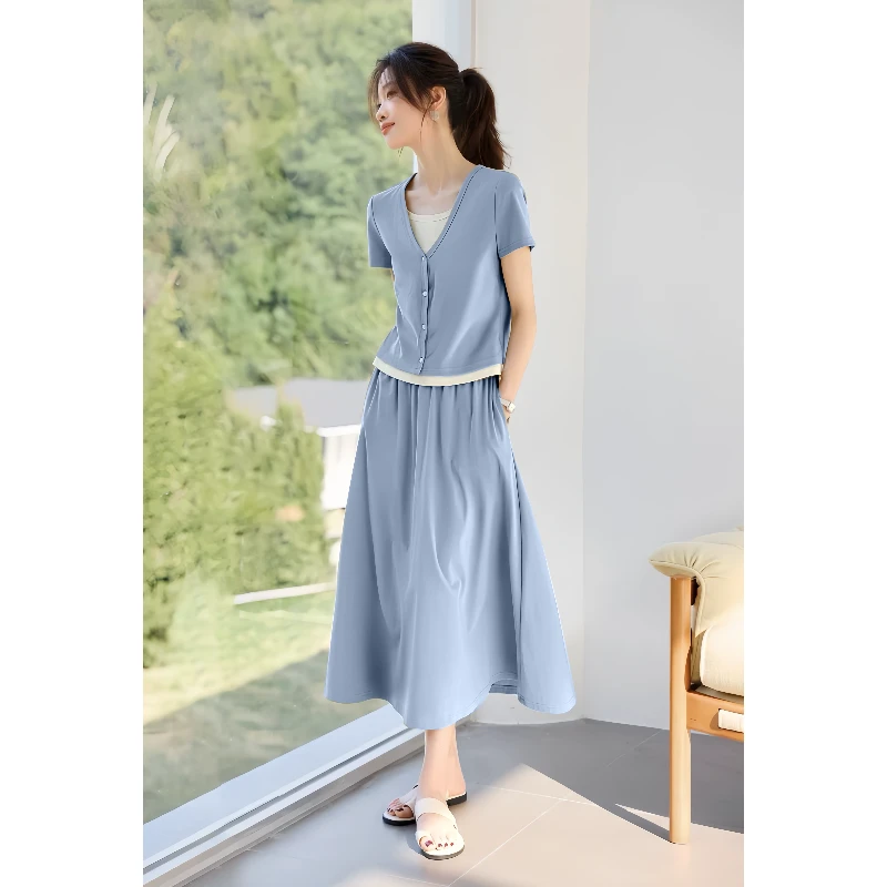 撞色假两件休闲T恤半身裙套装2025夏季新款设计感女套装显瘦气质