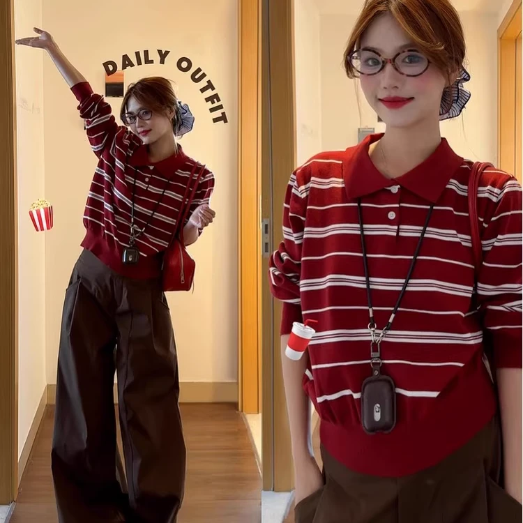早秋季长袖t恤女2025新款穿搭设计感红色条纹针织polo衫复古上衣