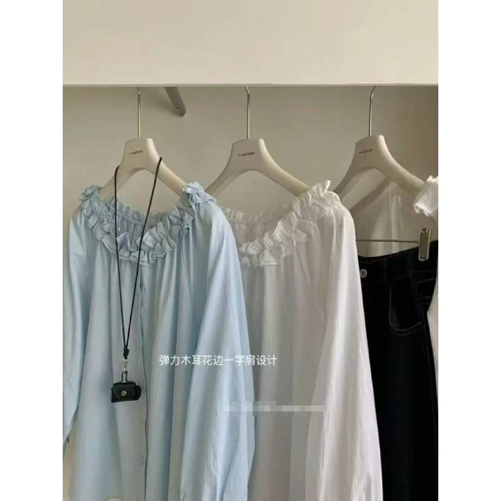 法式一字领露肩蓝色衬衫2025新款初春短款设计感小众上衣女