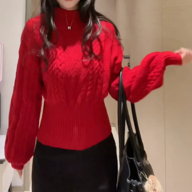 冬可外穿一字肩红色女高级感慵懒风内搭百搭针织衫毛衣LK2508853