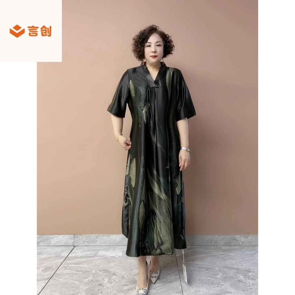 407新款中年妈妈装夏季桑蚕丝连衣裙女中老年国风洋气减龄长裙子