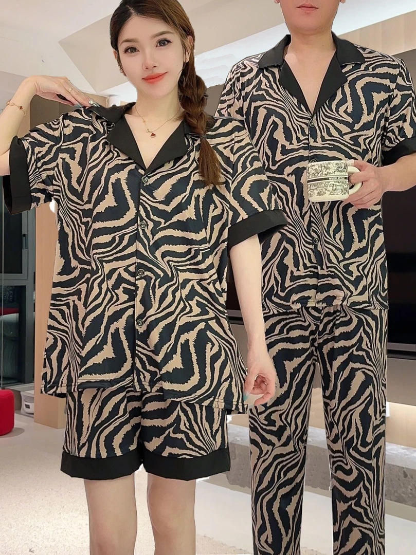 情侣斑马三件套睡衣夏季薄款休闲宽松大码时尚外穿家居服睡衣套装